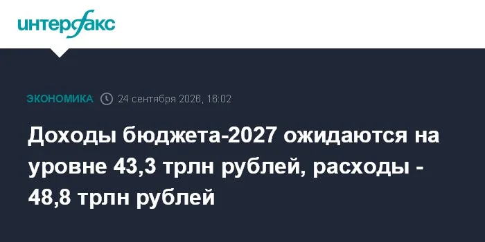 Доходы бюджета-2027 ожидаются на уровне 43,3 трлн рублей, расходы - 48,8 трлн рублей
